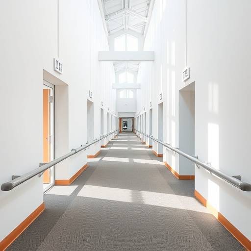 Foto van een brede, rolstoelvriendelijke gang in een modern gebouw.