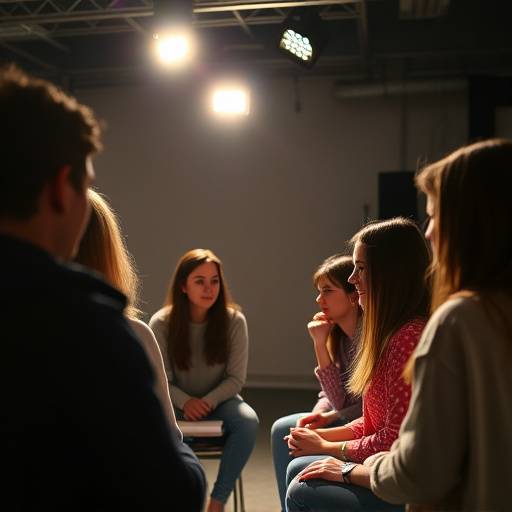 Groep studenten acteertraining volgt met plezier in een studio