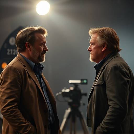 Twee acteurs die een gesprek voeren in een filmset-setting
